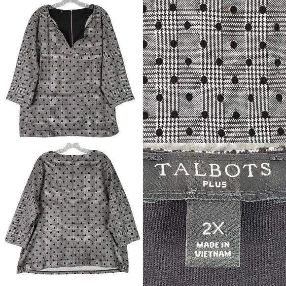 Talbots Shirt Women's Plus Size 2X Polka Dot Plaid LS Popover Black Cotton - Picture 1 of 7